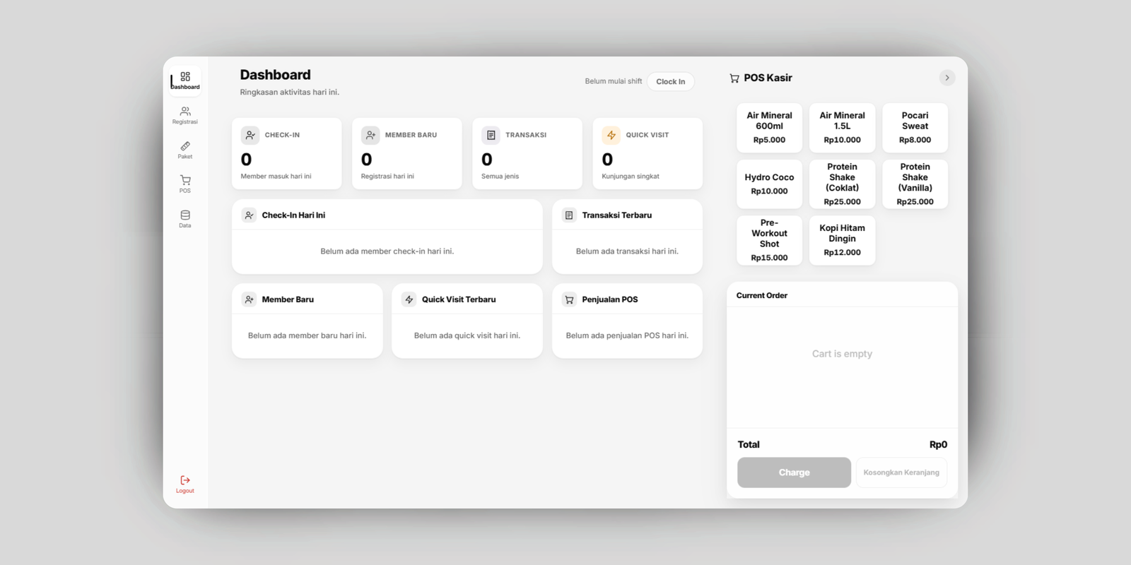 Tampilan Dashboard Admin XNK Gym OS: ringkasan check-in, member baru, transaksi, quick visit, dan panel POS Kasir