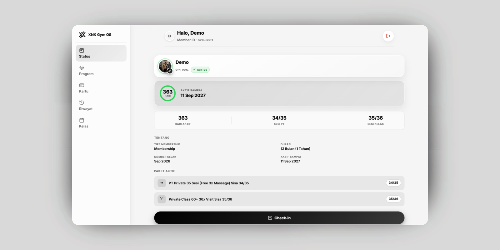 Halaman Status Member XNK Gym OS: masa aktif, sisa sesi PT dan kelas, serta paket aktif