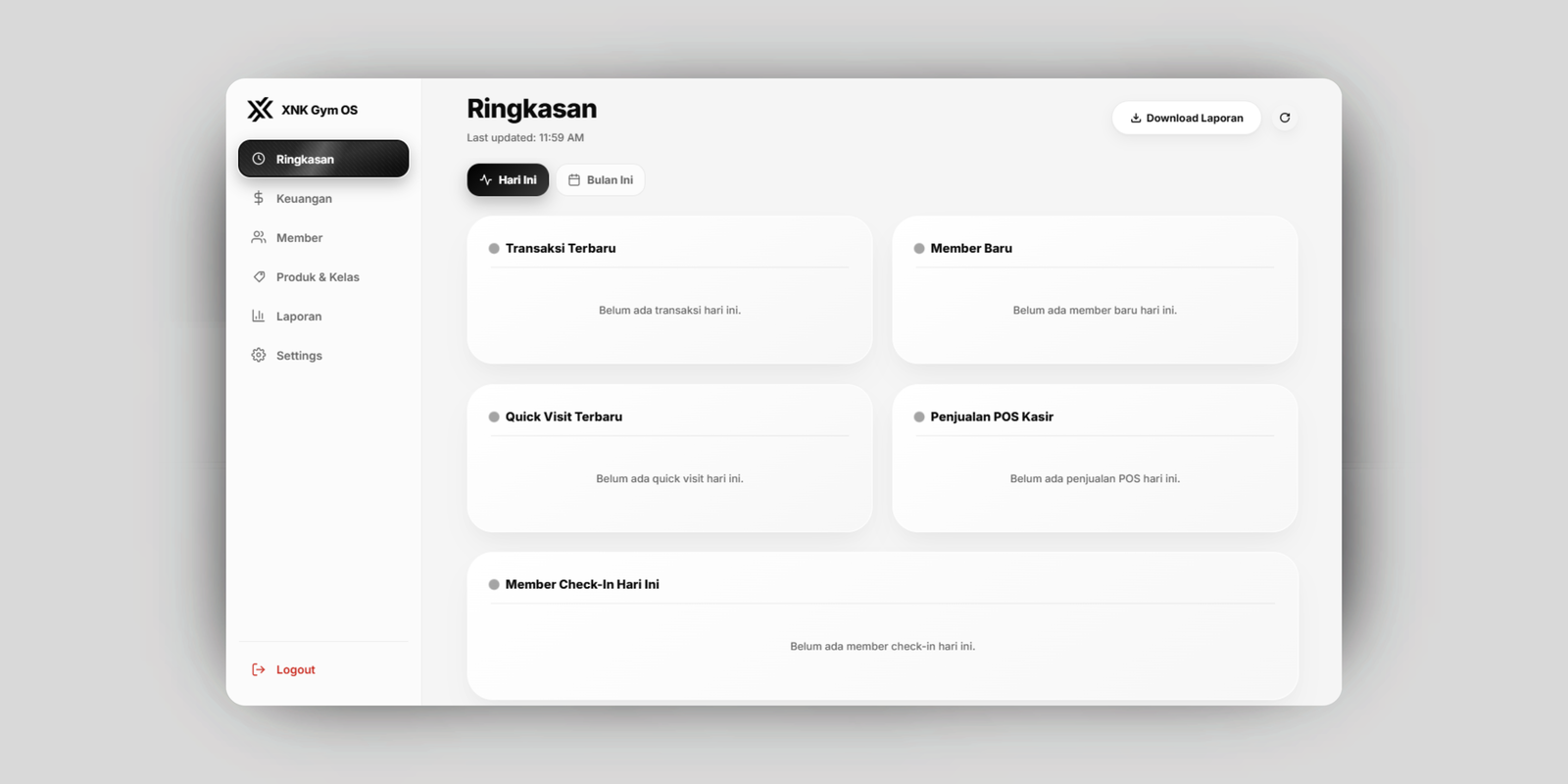 Dashboard Ringkasan Owner XNK Gym OS: transaksi terbaru, member baru, quick visit, penjualan POS, dan check-in member